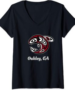 Womens Native American Oakley CA Tribal Orca Killer Whale V-Neck T-Shirt